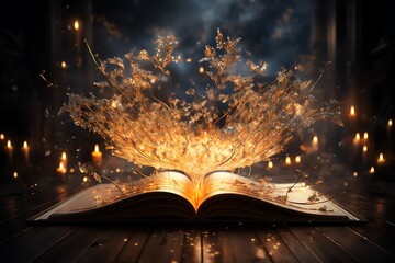 Wall Mural - Glowing plants erupt from open book.