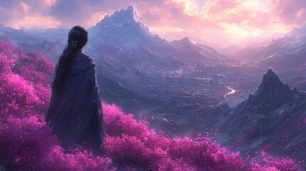 Canvas Print - Woman in cloak overlooks fantasy valley, mountains.