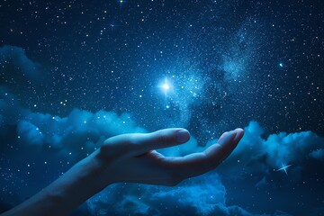 Wall Mural - hand holding a bright star in a night sky.