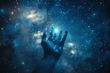 Wall Mural - Hand reaching for stars in cosmic expanse.