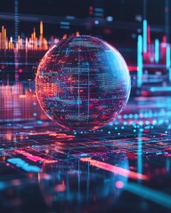 Aufkleber - Abstract globe on a background of technology, data, and digital statistics, symbolizing global connectivity, communication, and information exchange