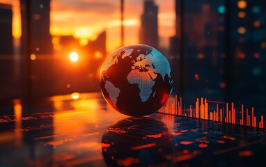 Poster - Abstract globe surrounded by technology, data, and statistical graphics, symbolizing global communication and information connection