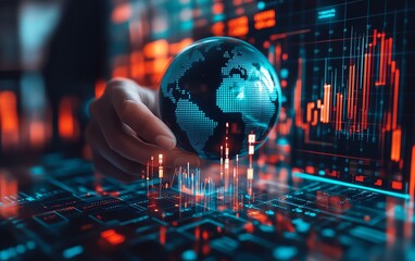 Poster - Globe on a futuristic technology background with digital data and statistics, symbolizing the connection and flow of global information and communication