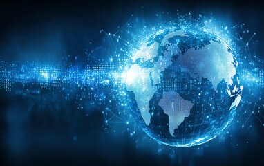 Aufkleber - Globe with abstract technology and data background, featuring interconnected lines, digital patterns, and statistics, representing global communication and information