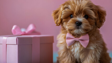 Wall Mural - Adorable puppy with pink bow tie and gift box against pink background