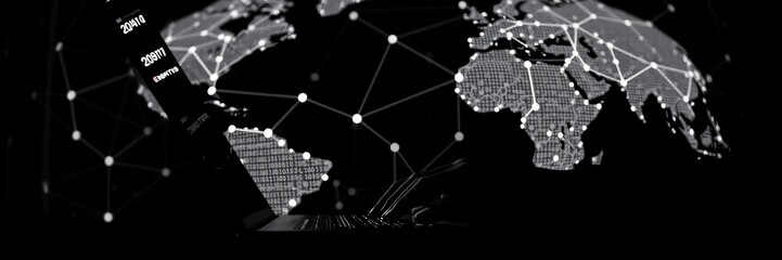 Digital technology, internet network connection, futuristic innovation technology. Digital technology, data exchange, cloud computing, global business concept. Businessman working on laptop