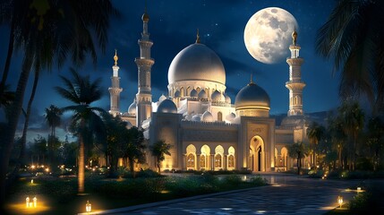 luxurious and magnificent mosque building, with a large and beautiful garden, with a beautiful view of the full moon at night