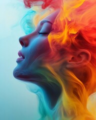 Poster - Surreal depiction of a woman s head dissolving into a rainbow flow, with vibrant hues merging and fading, perfect for abstract and creative visual art
