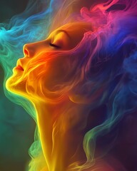Poster - Surreal depiction of a woman s head dissolving into a rainbow flow, with vibrant hues merging and fading, perfect for abstract and creative visual art