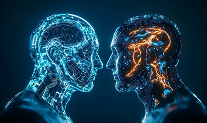 Poster - Human and Digital Silhouettes Representing Duality and Innovation