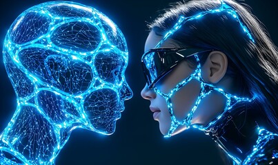 Poster - Human and Digital Face Silhouettes with Futuristic Glow Effect
