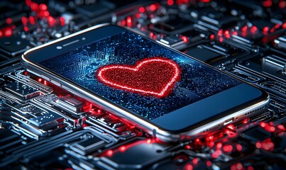 Poster - Smartphone Displaying Heart Symbol on Circuit Board Background