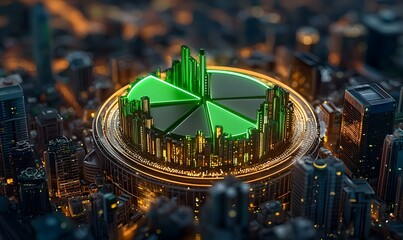 Poster - Green Pie Chart Overlaying Urban Cityscape with Modern Skyscrapers