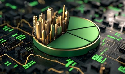 Poster - Green Pie Chart Overlaying Urban Cityscape with Digital Background