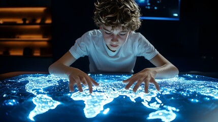 Poster - Young Man Engaged in Calculations on Interactive Global Map