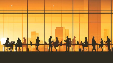 Poster -  Dynamic business background with silhouettes of professionals collaborating in a modern workplace setting, featuring a professional atmosphere and abstract design elements for corporate presentations