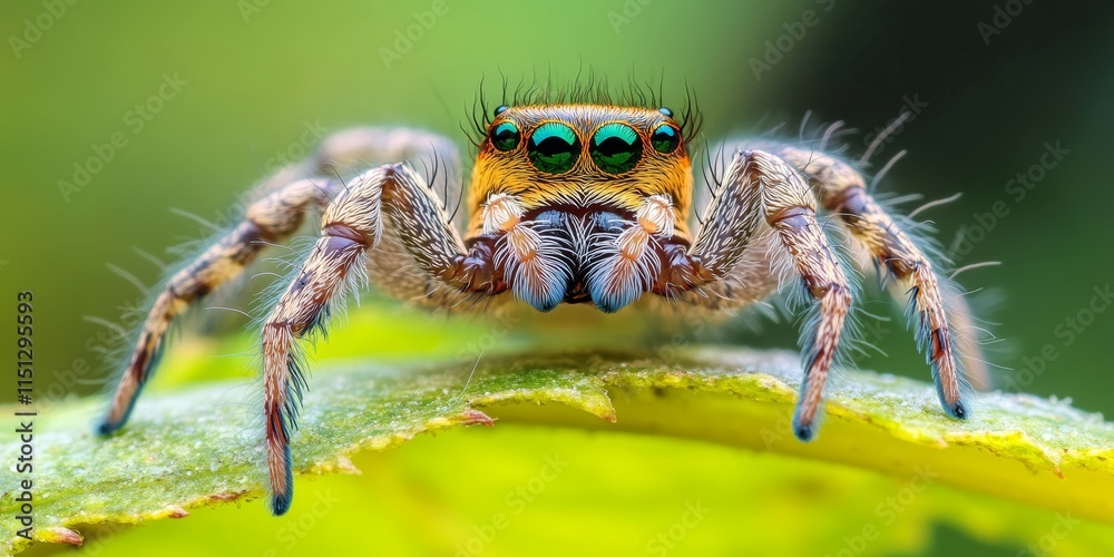 Jumping spider captured in a striking pose on a vine, showcasing the fascinating details of the ...