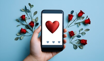 Poster - Vibrant Smartphone Displaying Heart Symbol Surrounded by Roses