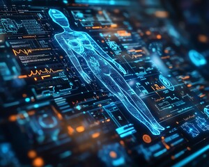 Poster - Medical technology with hologram virtual screen, electronic interface showcasing health icons, and futuristic medical innovations