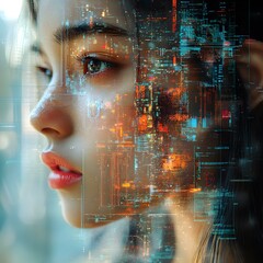 Poster - Young Woman with Futuristic AI Technology and Digital Background