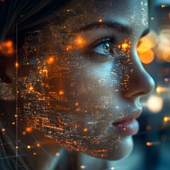 Poster - Woman's Face Merged with Digital Data and AI Technology Concepts