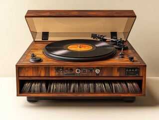 Wall Mural - Wooden record player with vinyl collection.