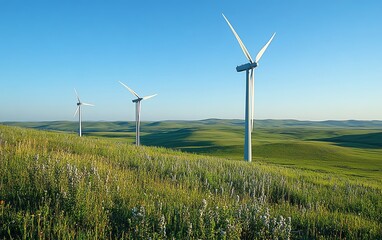 Wind energy technician working on the installation and maintenance of wind turbines, windmills in the background, renewable energy team collaboration