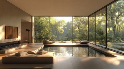 Wall Mural - Modern minimalist home, indoor pool, forest view.