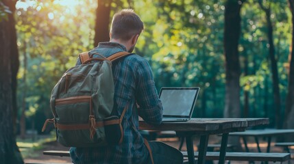 Poster - A mature worker man is seated on a wooden bench, engrossed in his laptop amidst a lush green park. Sunlight filters through the trees, creating a peaceful atmosphere ideal for productivity