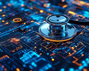 Poster - Stethoscope on a digital healthcare interface with a holographic medicine display, futuristic medical technology and healthcare network