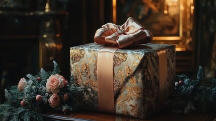 Beautifully wrapped gift with luxurious ribbon and ornate packaging, creating an air of anticipation and elegance.