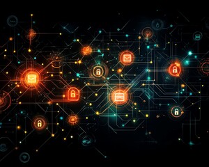 Poster - A digital IT security concept background, showcasing a network of interconnected servers, firewalls, and encryption symbols, with glowing lines and security locks