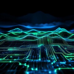Poster - abstract digital landscape with glowing lines and waves representing connectivity and technology