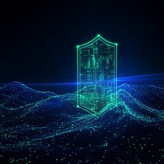 Poster - abstract digital landscape with glowing shield shape and flowing data waves against a dark backgroun