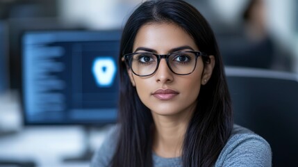 Poster - A focused woman wearing glasses looks directly at the camera, with computer screens in the background displaying coding or cybersecurity-related content.