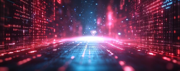 Poster - A futuristic IT security concept background with a network grid, binary code, and security shield icons, symbolizing cyber defense and digital protection