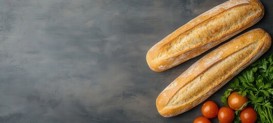 Sustainable culinary delights fresh baguettes and tomatoes kitchen food styling indoor top-down view