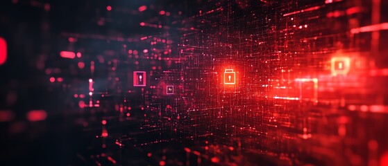 Poster - A modern, abstract IT security background with digital firewall patterns, data protection symbols, and secure lock icons, set in a dark technological ambiance