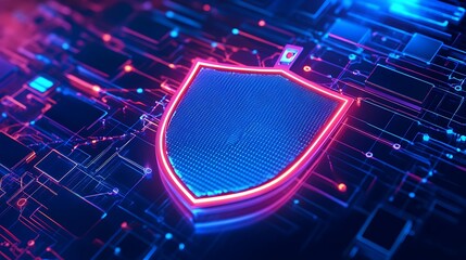 Poster - digital shield icon with neon glow on circuit board background for cyber security concept