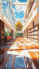 Poster - Anime school library interior design modern setting digital art bright environment wide-angle perspective