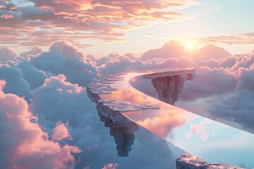 Wall Mural - Serene sky path above clouds at sunset.