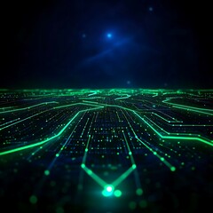 Poster - Futuristic Abstract Digital Landscape with Glowing Neon Lines and Particles in a Dark Environment