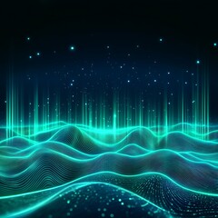 Poster - Futuristic Abstract Landscape with Glowing Waves and Stars in Dark Night Sky for Creative Projects