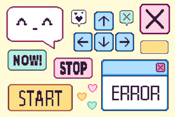 Fototapete - Pixel game interface elements set - navigation arrows, start buttons, error message, speech bubble with kawaii face, pixel hearts and control panels. Retro 90s gaming design and 8-bit projects.