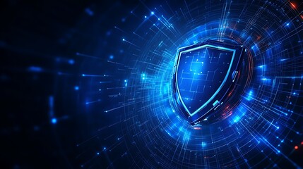Poster - Futuristic Digital Shield Concept with Blue Light Effects and Data Circles Representing Cybersecurity Protection