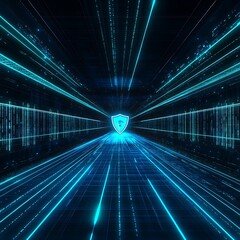 Poster - Futuristic Digital Shield Concept with Light Trails and Binary Code in Dark Background for Cybersecurity Themes