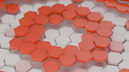 Poster - 3d rendering of an abstract composition of many red and white hexagonal tiles arranged at different 