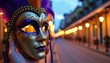 © Janis - Ornate purple and gold carnival mask in hand, blurred festive street lights, Mardi Gras celebration