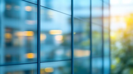 Poster - blurred glass wall of a modern business office building in a business center, featuring abstract ref