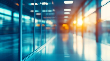 Poster - blurred glass wall of a modern business office building in a business center, featuring abstract ref